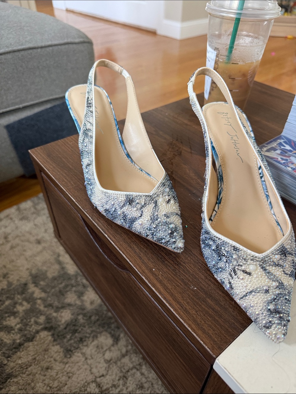 BETSEY JOHNSON 7.5 Blue and white Clark slingbacks